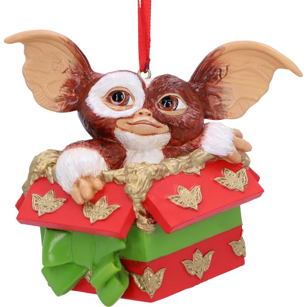 Gremlins Gizmo Gift Hanging Ornament - Gizmo popping out of a red box with a green bow- Nemesis Now Christmas decoration