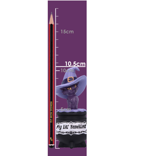 My Lil Familiar Shadow cat figurine. An adorable ornament of a purple cat wearing an oversized witches hat sat on top of a black cauldron with the phrase My Lil' Familiar to symbolise you conjuring this cute kitty from the cauldron to be your familiar.