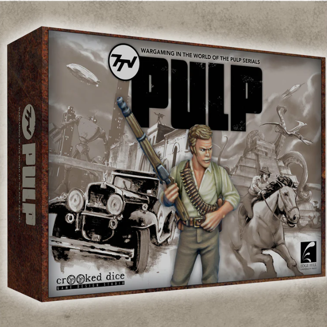 Experience 7TV Pulp Boxed Set by Crooked Dice. A complete tabletop skirmish game with rulebooks, cards, tokens, and dice for thrilling pulp adventures.