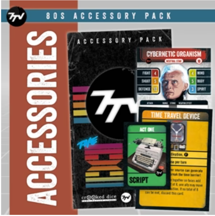 7TV The 80s Accessory Pack. A deluxe set of printed accessory cards featuring profiles, scripts, genres, props, and maguffins for cinematic skirmishing. Comes in a retro VHS case.