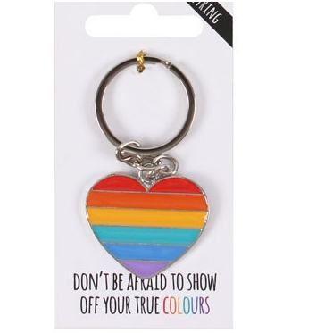 Don't Be Afraid To Show Off Your True Colours rainbow heart key ring. A large rainbow heart to brighten up your bag, keys or as a special gift for a friend. Wear it with pride.