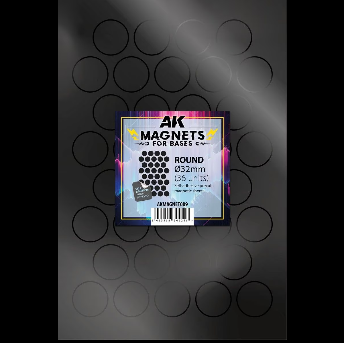 Packaging of AK Magnets for bases on a dark background with circular patterns. AK Magnet Sheet Round 32mm