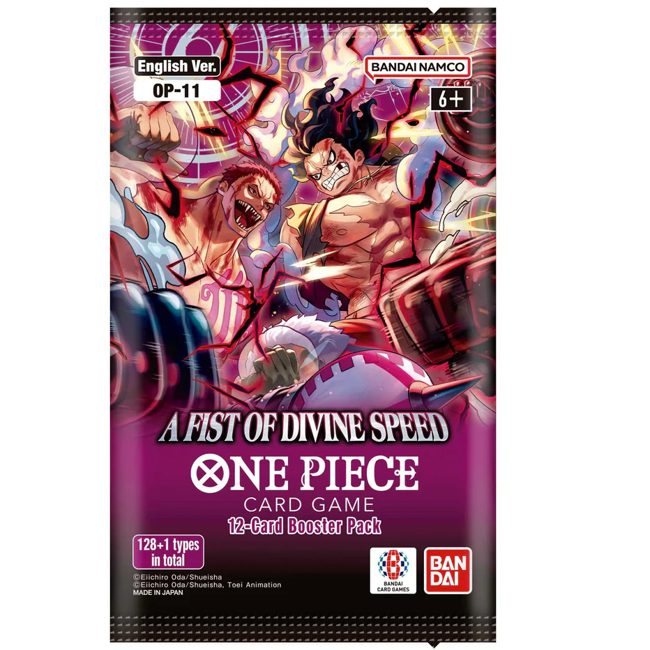 A booster pack for the One Piece Card Game titled "A Fist of Divine Speed," containing 12 random cards, designed for ages 6+, featuring characters from Whole Cake Island and Fish-Man Island arcs.