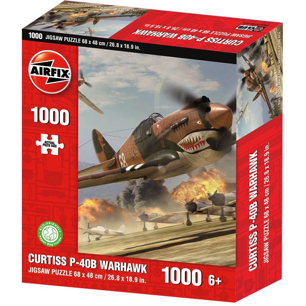 Airfix Curtiss P 40B Warhawk 1000 piece jigsaw puzzle featuring American fighter aircraft. 68 x 48cm finished size with eco friendly packaging.