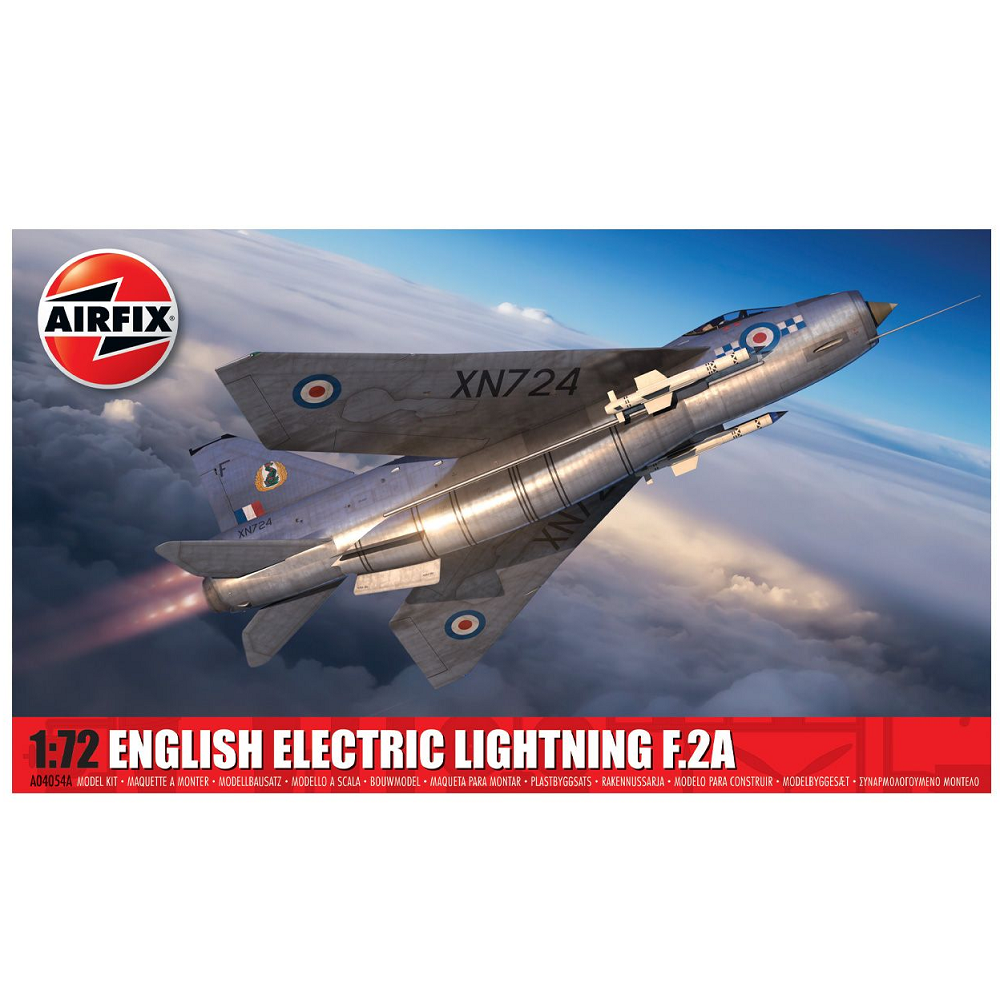 Airfix English Electric Lightning F.2A 1:72 Scale Model Kit. Model kit packaging of a English Electric Lightning F.2A aircraft with Airfix logo.