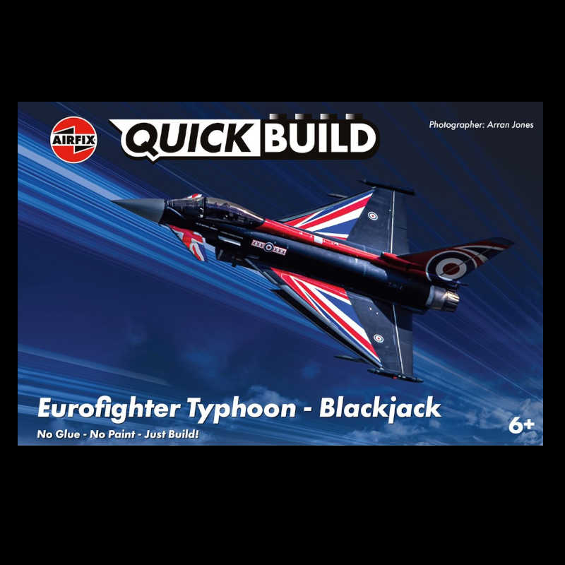 Airfix Quick Build model kit box for Eurofighter Typhoon - Blackjack, featuring a graphic of the black fighter jet with red and white Union Jack markings against a blue flight-path background. Eurofighter Typhoon Blackjack