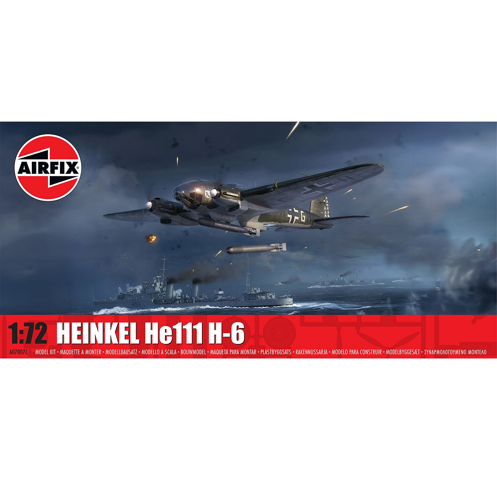 Model airplane kit packaging for Heinkel He111 H-6 with Airfix logo.