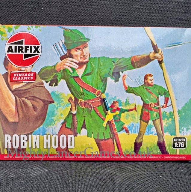 Airfix Robin Hood model kit box front, showing illustrated Robin Hood archers in green tunics with a red logo badge and the text 'Airfix Vintage Classics' on a dark textured background. Airfix Robin Hood - Vintage Classics 1:76 Scale
