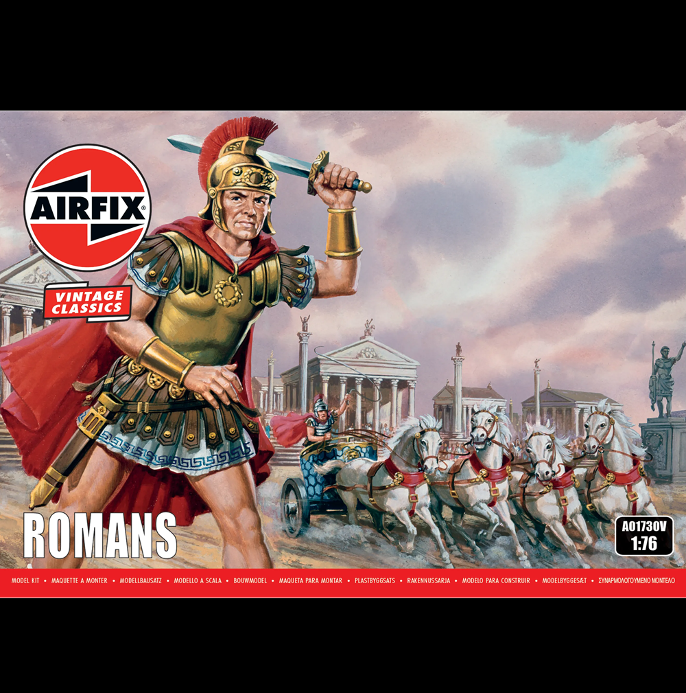 Airfix Vintage Classics 1:76 scale model kit box art for 'Romans', featuring a detailed illustration of a Roman soldier in gold armour with a red helmet and cape, standing before an ancient city with chariot races in the background. Airfix Romans - Vintage Classics 1:76 Scale