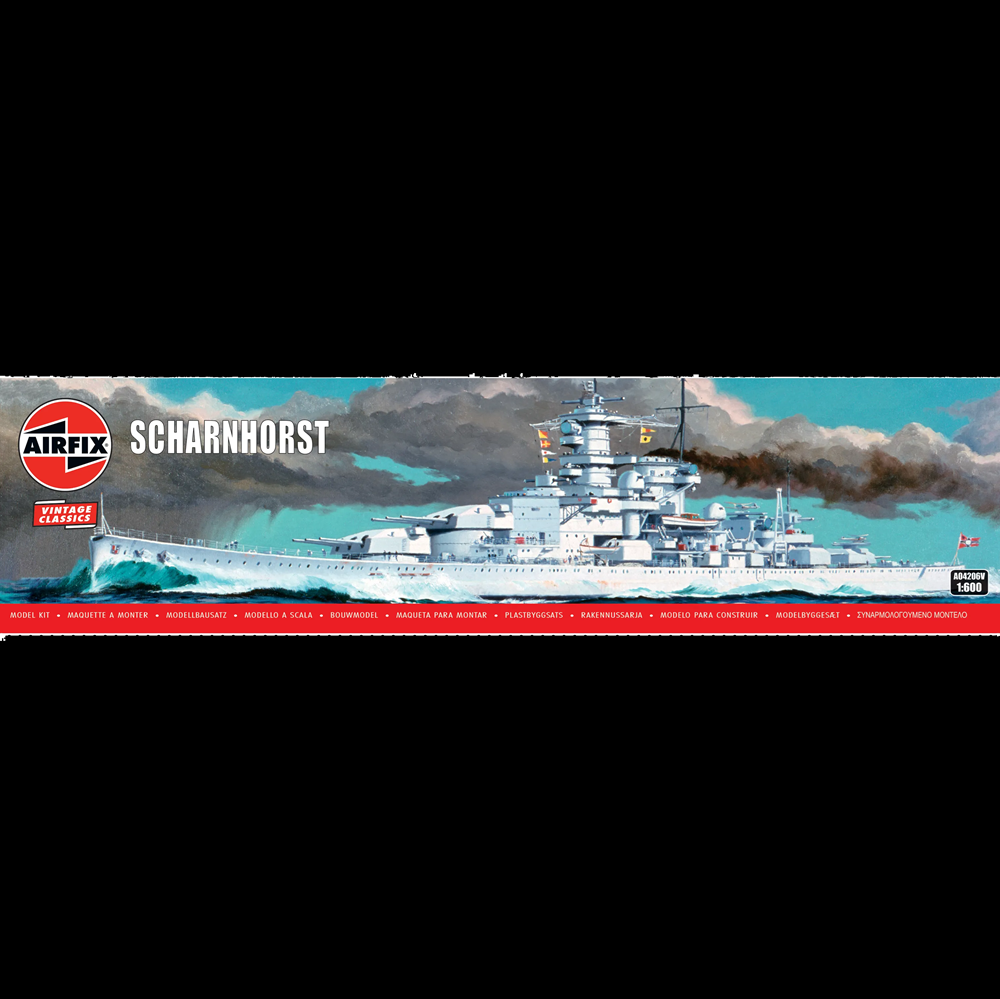 Airfix Scharnhorst model kit box front cover, featuring a detailed illustration of the German battleship Scharnhorst at sea, with the Airfix logo and product title on a white background with black letterbox bars above and below. Airfix Scharnhorst - Vintage Classics 1:600 Scale