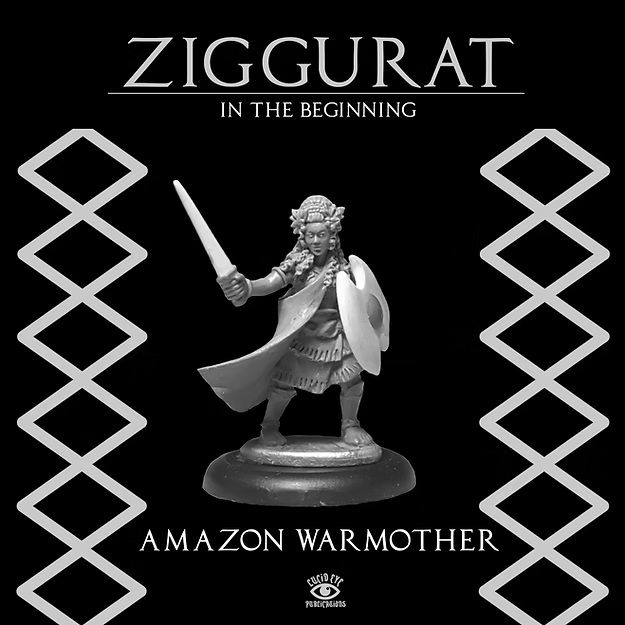 Image of Amazon Warmother, a 28mm white metal miniature from Lucid Eye's Ziggurat in The Beginning range. Sculpted by Steve Saleh, ready for painting.