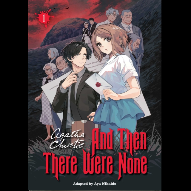 Book cover for 'Agatha Christie And Then There Were None' adapted by Aya Nikaido, featuring anime-style characters in front of a dramatic red sky and dark landscape, with the title in large red text. And Then There Were None Vol.1 | Agatha Christie Manga