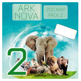 Ark Nova Zoo Map Pack 2 packaging with an elephant and other animals on a blue background. Ark Nova Map Pack 2 expansion Zoo Maps 11–15 including 2024 World Series of Board Gaming Tournament Map
