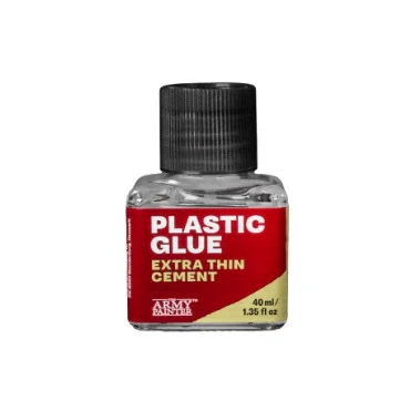 The Army Painter Extra Thin Plastic Glue 40ml bottle for miniatures and model kits. Bottle of plastic glue with a red label on a white background
