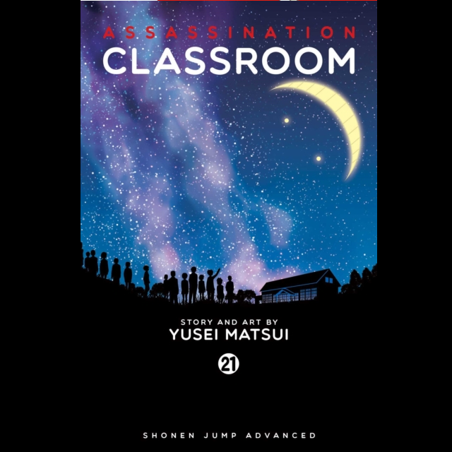 Assassination Classroom 21. Book cover of 'Assassination Classroom' with a night sky and silhouettes of people.