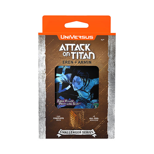 A collection of four Attack on Titan Challenger Series Decks, featuring vibrant artwork of Eren Yeager and Armin Arlert, with foil cards included.