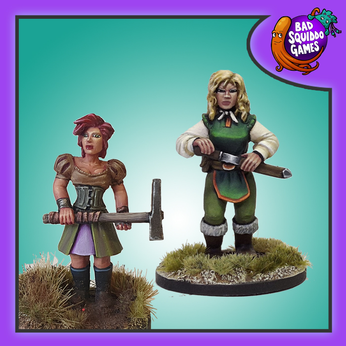 Brawling Barmaids 28mm metal RPG miniatures by Bad Squiddo Games, two female fantasy characters with sword and hammer