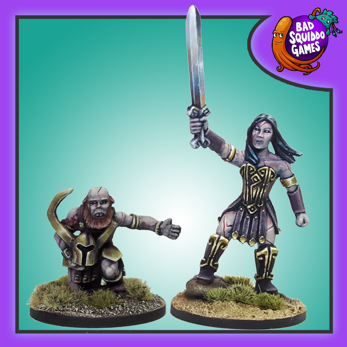 Daphne the Drowned & Squire 28mm metal miniatures by Bad Squiddo Games, unpainted, RPG and tabletop wargaming female warrior and squire