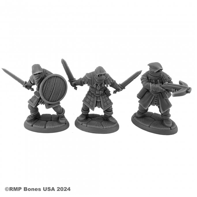 Three unpainted miniatures from Bones USA Dungeon Dwellers range, featuring Human Brigands sculpted by Bobby Jackson. Integral bases and mid-grey details