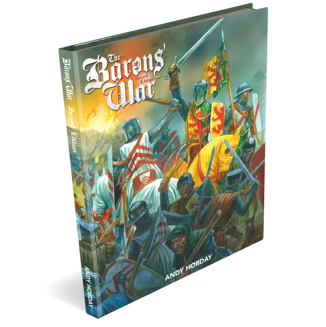 Barons' War Second Edition Rulebook. Book titled 'The Barons' War' with illustrations of medieval soldiers on the cover.