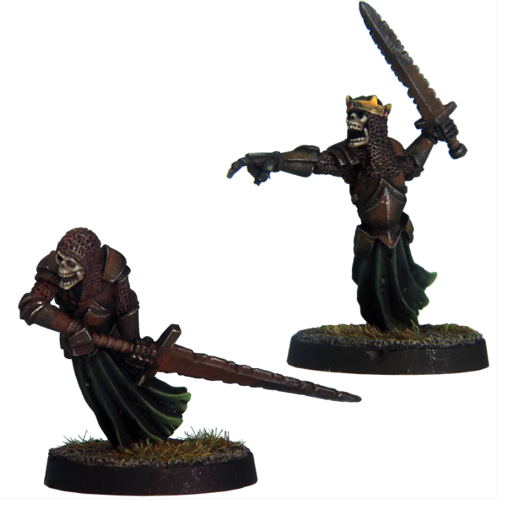 Barrow Wights by Crooked Dice, a pack of two white metal miniatures for your tabletop games representing two different armoured skeletons still ready to fight despite their undead status