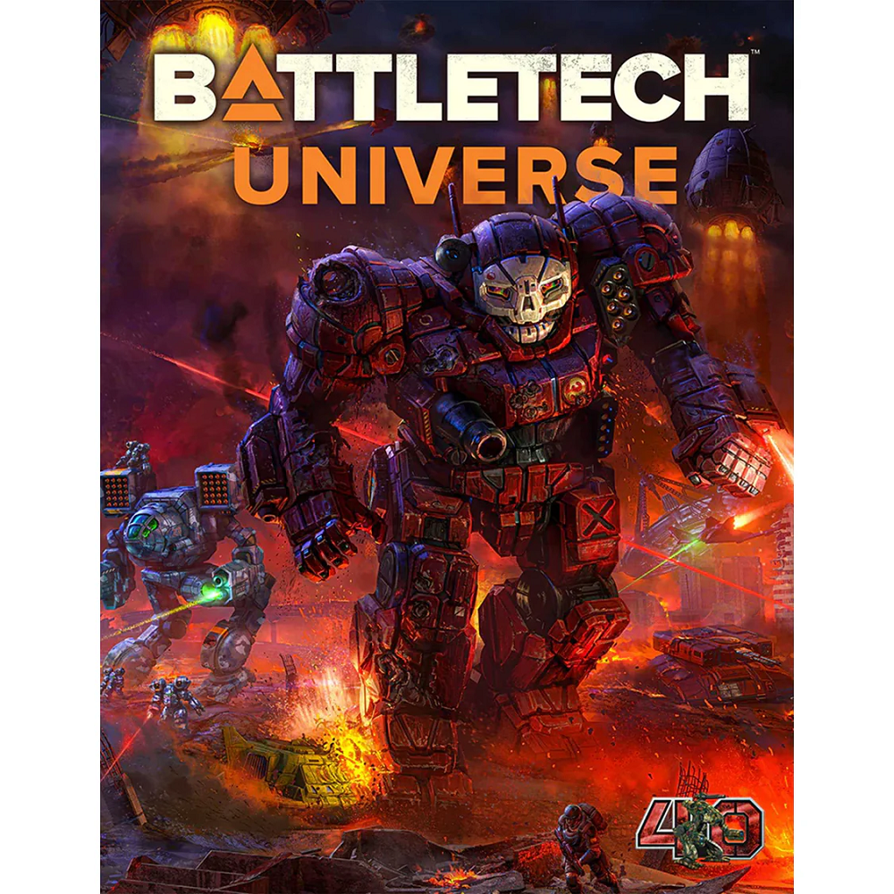 Cover of BattleTech Universe hardback book featuring comprehensive lore, factions, key events, and conflicts from the vast BattleTech setting