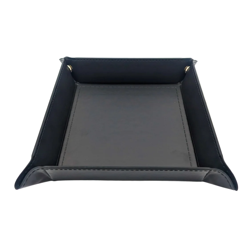 Black leather tray with gold rivets on a white background. black square foldable dice tray and press stud corners