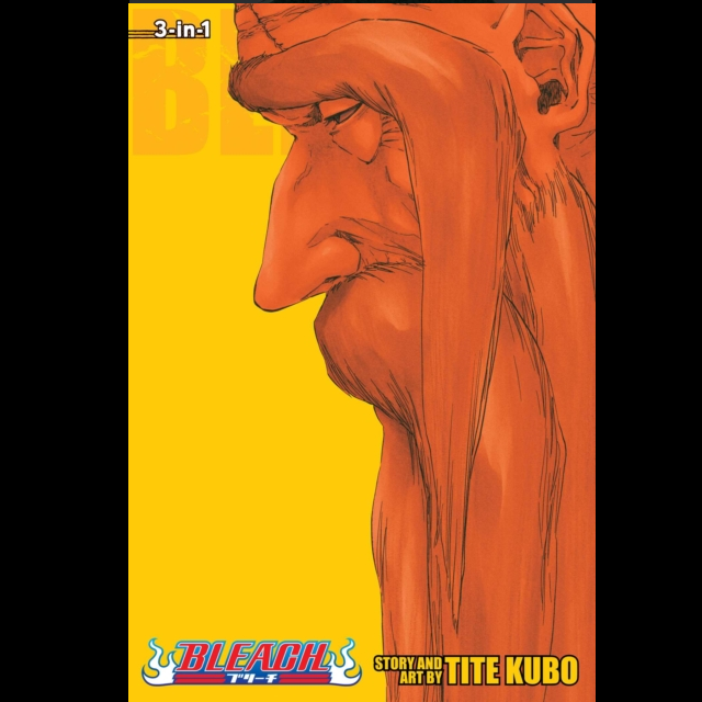Bleach T47 3-in-1 comic book cover featuring a close-up profile illustration of a long-haired character in orange and brown tones against a bright yellow background, with the Bleach logo and Tite Kubo credit at the bottom. Bleach 3 in 1 Edition Vol. 20 (58,59 &60) Paperback Manga by Tite Kubo