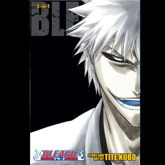 Bleach 3-in-1 volume 1-3 manga book cover featuring Tite Kubo's artwork of the character Kenma Kiba with white hair, a wide grin, and a blue eye patch against a black background. Bleach 3 in 1 Edition Vol. 9