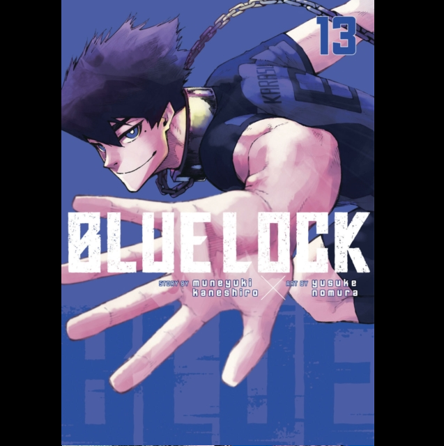 Manga volume cover for Blue Lock, volume 13, featuring an illustrated character in a dark sleeveless top reaching forward against a blue background, with the title 'BLUE LOCK' in large white letters across the center. Blue Lock 13