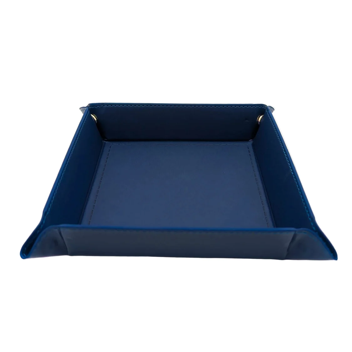 Blue leather desk tray on a white background. Blue Square Dice Tray with Press Stud Corners