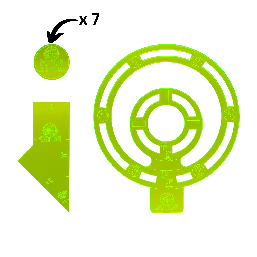 Set of luminous green acrylic templates for Bolt Action. Includes 7 objective markers, a multi-template, and a widget with 1” & 3” rulers and angle guides.
