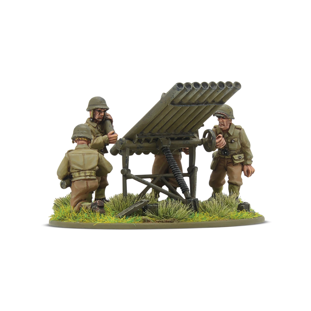 Bolt Action T27 Xylophone Rocket Launcher. Model of soldiers operating a large artillery piece on a white background
