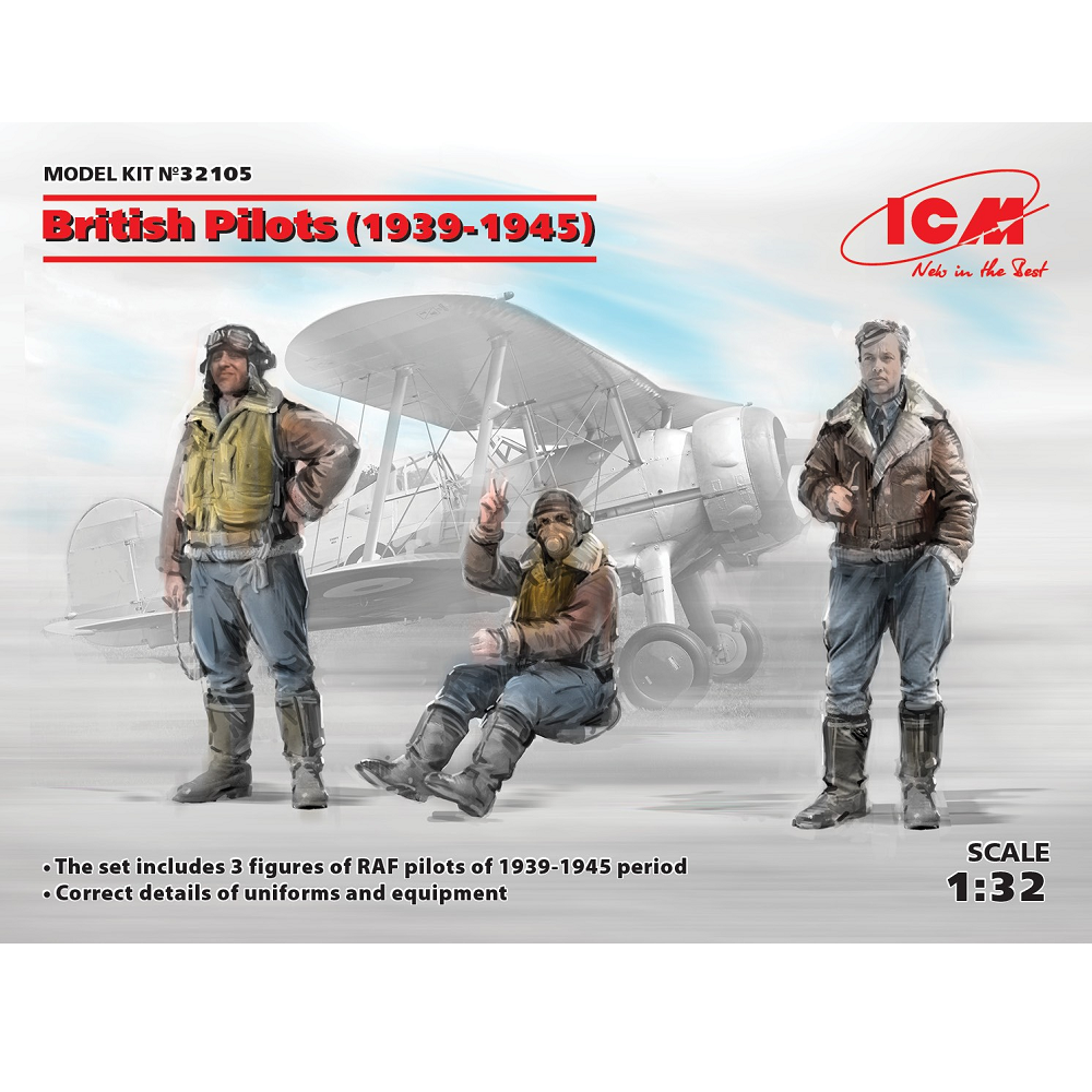 British Pilots (1939-1945) A 1:32 scale plastic model kit depicting three RAF pilots from WWII with detailed uniforms and accessories Requires assembly and painting
