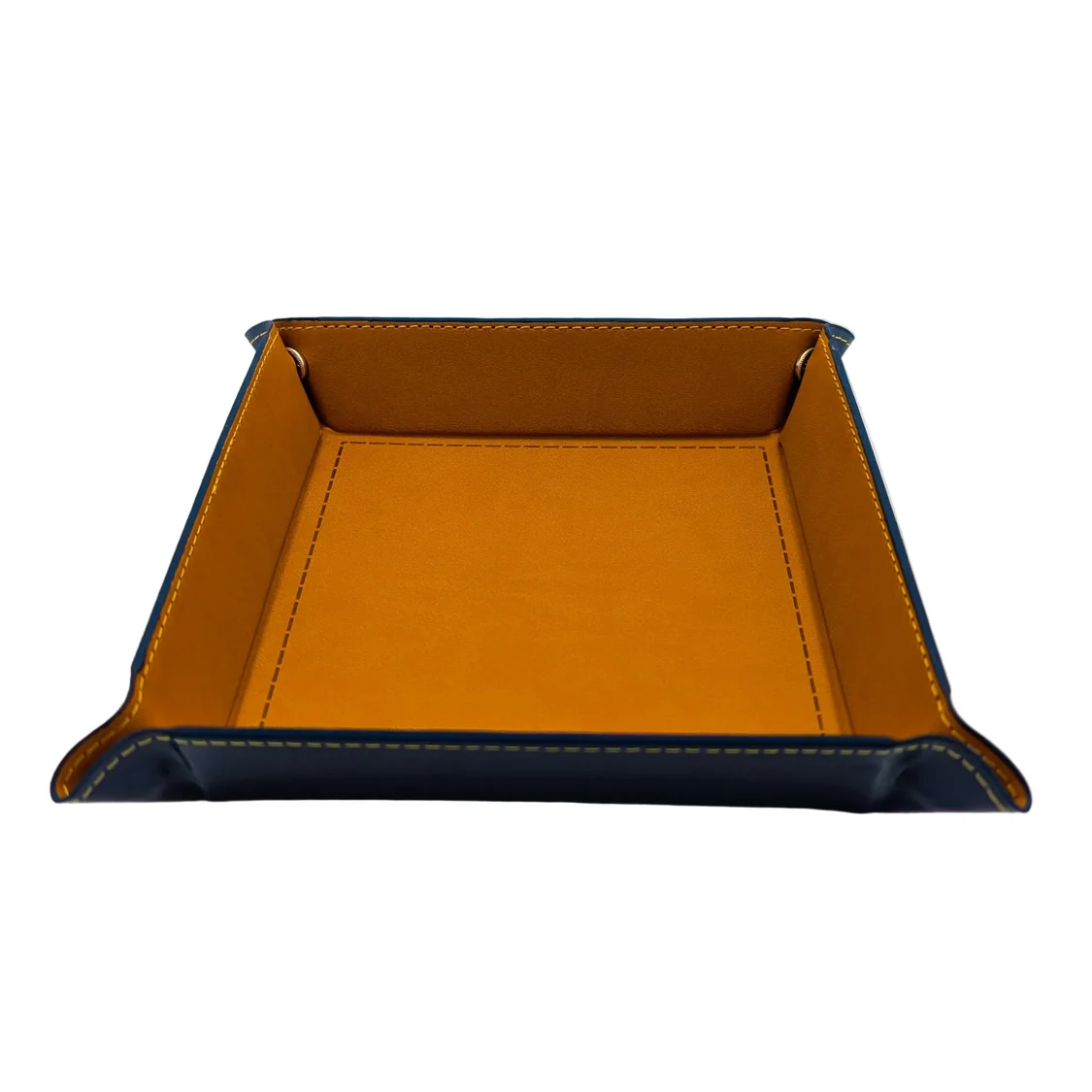Square leather tray with brown top and blue sides on a white background. Brown Square Dice Tray with Press Stud Corners