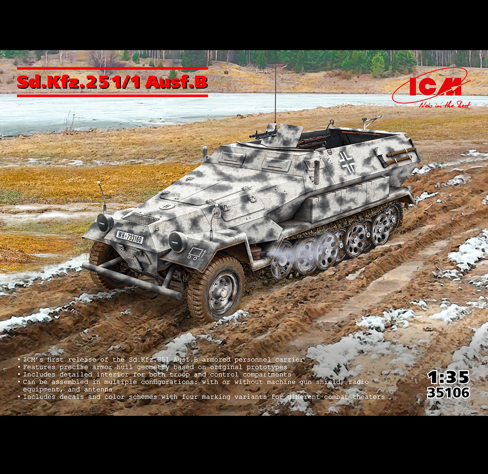 Box of the ICM Sd.Kfz.251/1 Ausf.B 1:35 scale model kit, featuring a WW2 armoured personnel carrier with detailed parts and configurations.