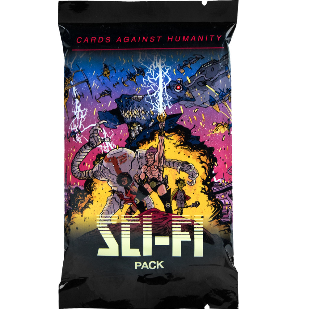 Cards Against Humanity Foil Sci-Fi Pack with 30 tech-themed expansion cards in premium foil packaging for adult party game fans.
