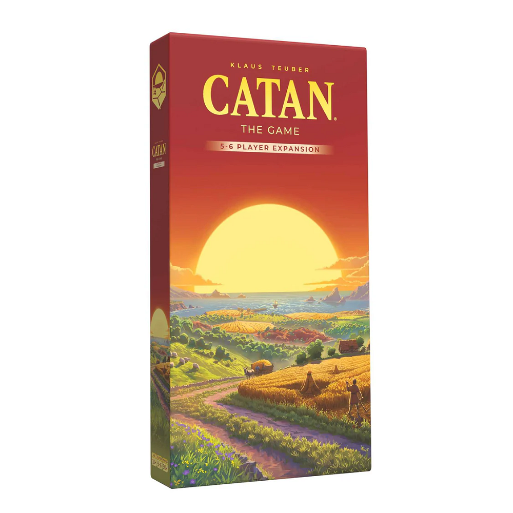 Catan – The Game – 5-6 Player Expansion The box features vibrant artwork depicting players trading and building on the island of Catan, showcasing the excitement of expanding gameplay for larger groups.