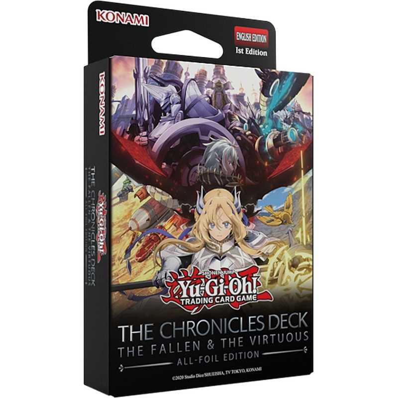 Yu Gi Oh all foil deck box with dark fantasy artwork showing The Fallen and The Virtuous theme plus included game mat for trading card battles.