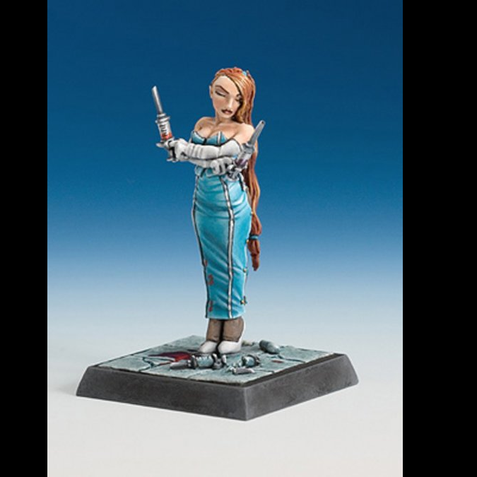 Unpainted Clara, Sister of Mercy miniature by Werner Klocke. Chronoscope Genesis range, featuring a futuristic robe, cybernetic elements, and textured base.