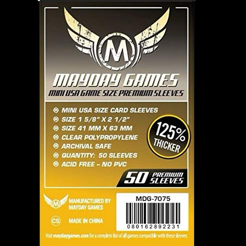 Clear mini USA sized premium sleeves for cards from games such as Twilight Imperium 3rd edition, Warrior Knights, World of Warcraft