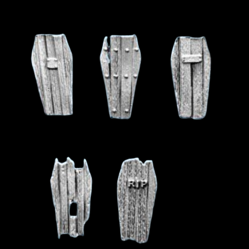 Bumper pack of Coffin Shaped Shields FSB005 by North Star Military Figures. Includes 30 metal shields for 28mm Undead miniatures. Perfect for kit bashing skeleton armies.