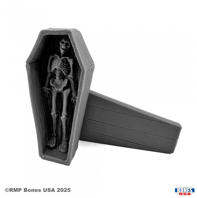Coffin and Corpse (30205). A haunting Bones USA miniature featuring a detailed coffin and skeletal remains. Ideal for fantasy RPGs, dioramas, and tabletop wargames
