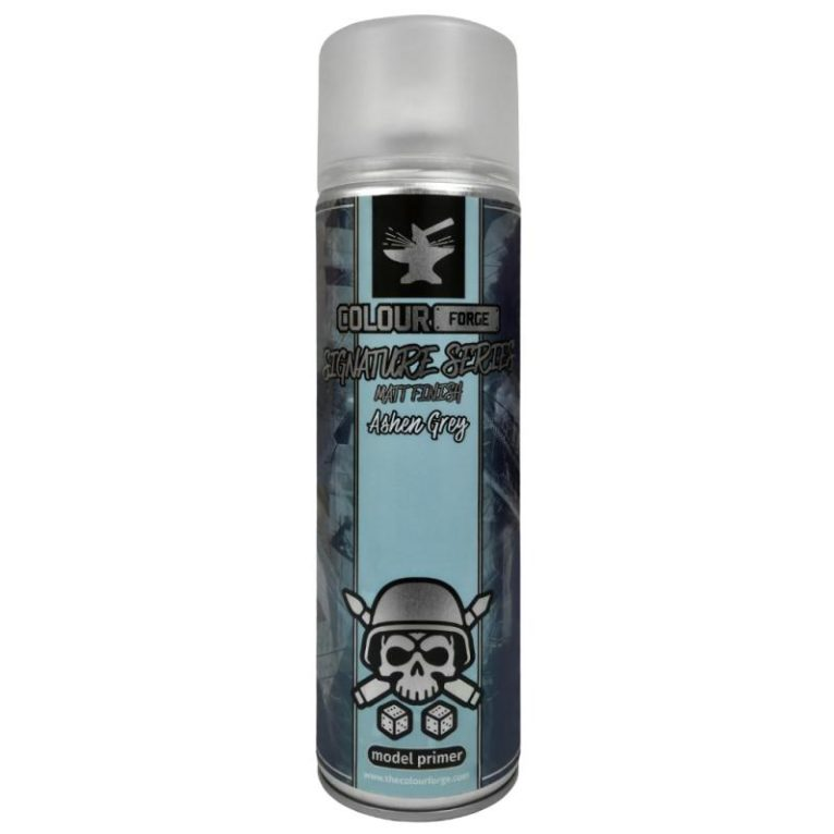 A picture of a spray paint can being A 500ml can of Colour Forge Signature Series Model Primer Ashen Grey. A matt finish model primer which is a colour match to Games Workshop Citadel Ulthuan Grey