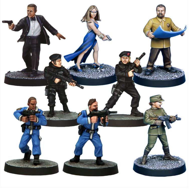 Crooked Dice Action Starter Set. A set of eight 28mm white metal miniatures for 7TV. Sculpted by Mark Evans and Ernst Veingart. Supplied unpainted with bases.
