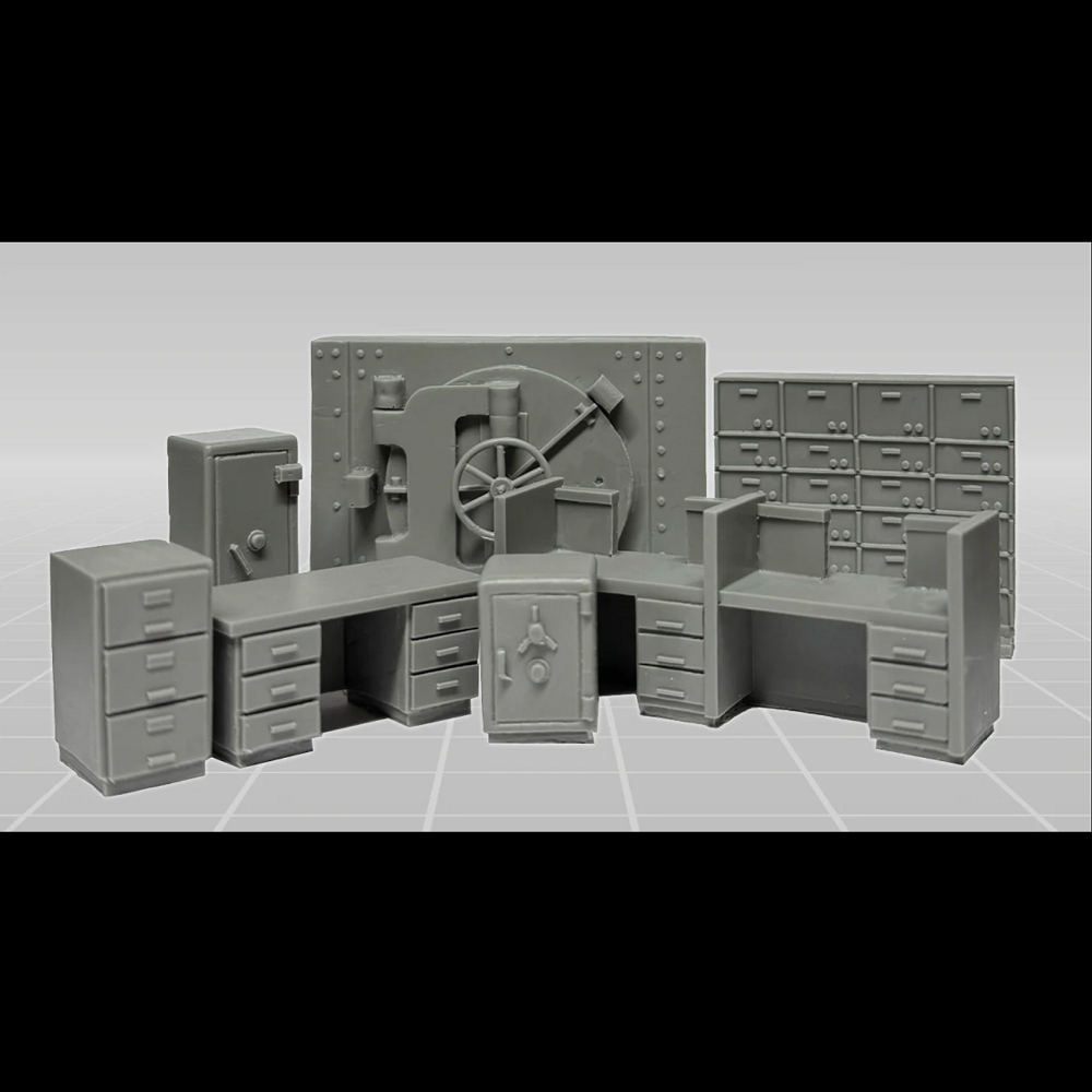 Crooked Dice Bank Vault. A resin scenery set featuring a vault door, safes, deposit boxes, and more. Supplied unpainted for customisation.