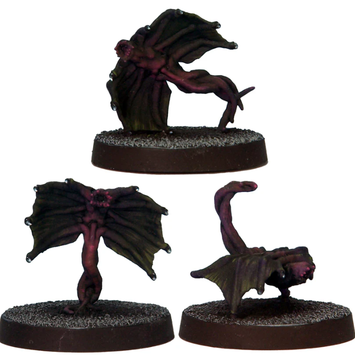 Set of 3 Demon Bat miniatures with twisted humanoid forms and bat wings. White metal fantasy RPG monsters. Supplied unpainted.