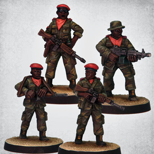Governor General’s Army 1 by Crooked Dice, a set of four 28mm scale metal miniatures depicting armed squads with three wearing beret type hats.