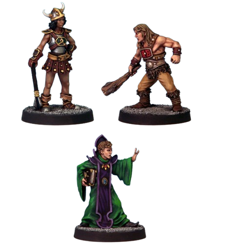 Set of 3 white metal miniatures: young warrior in horned helm with mace, young barbarian with club, young loremaster with spellbook casting a spell.
