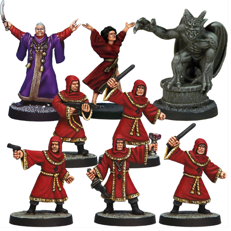 Occult Starter Set. A collection of 6 white metal miniatures for tabletop gaming, including mystics, cultists, and a gargoyle. Supplied unpainted with bases.
